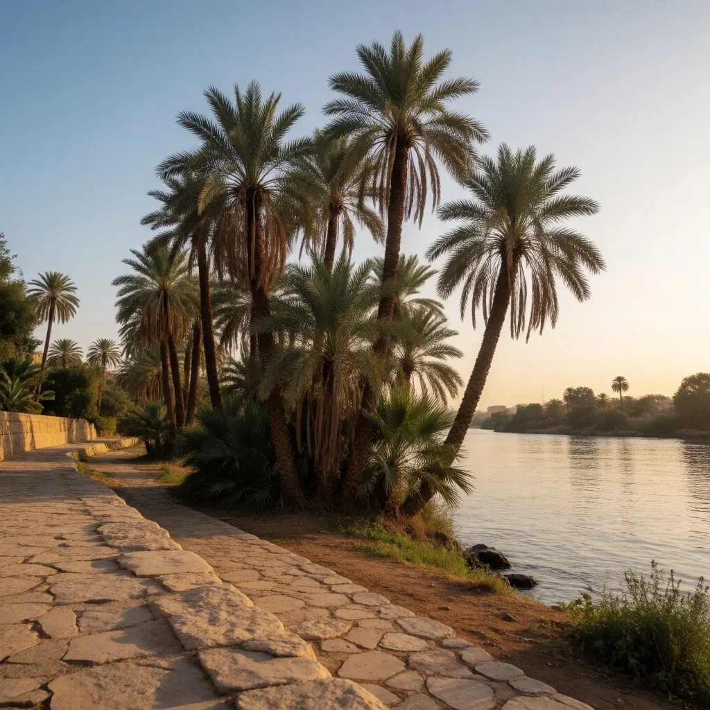 Date palm trees along the Nile waterfront at golden hour