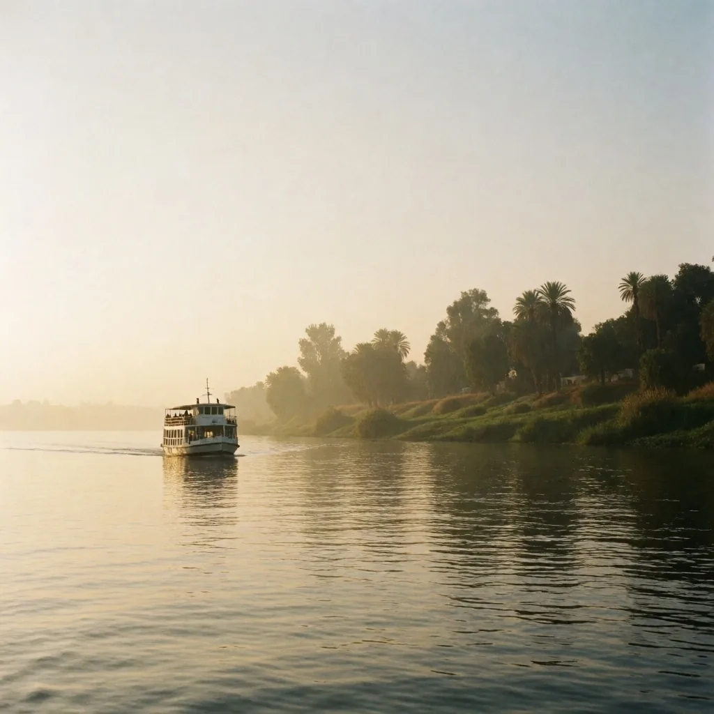 Ferry crossing the Nile at dawn near Aswan