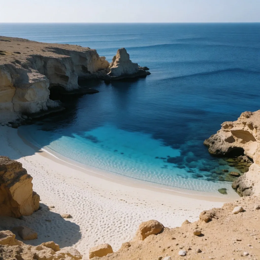 Agiba Beach near Marsa Matrouh, enclosed by white limestone cliffs above turquoise water