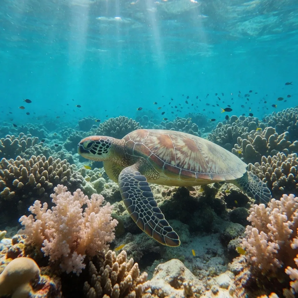 Green sea turtle swimming over a Red Sea coral reef