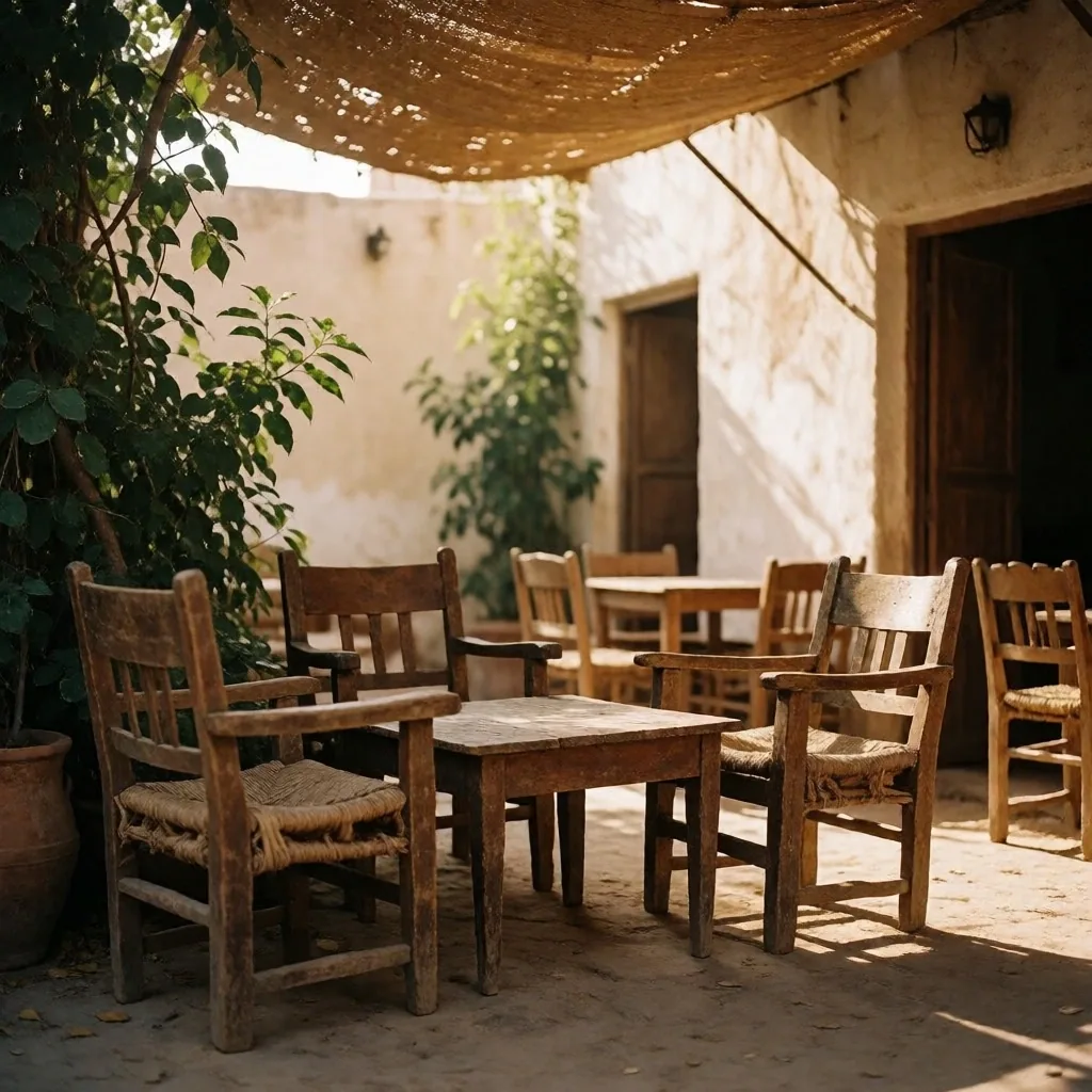 Traditional Nile-side cafe with wooden furniture in afternoon light