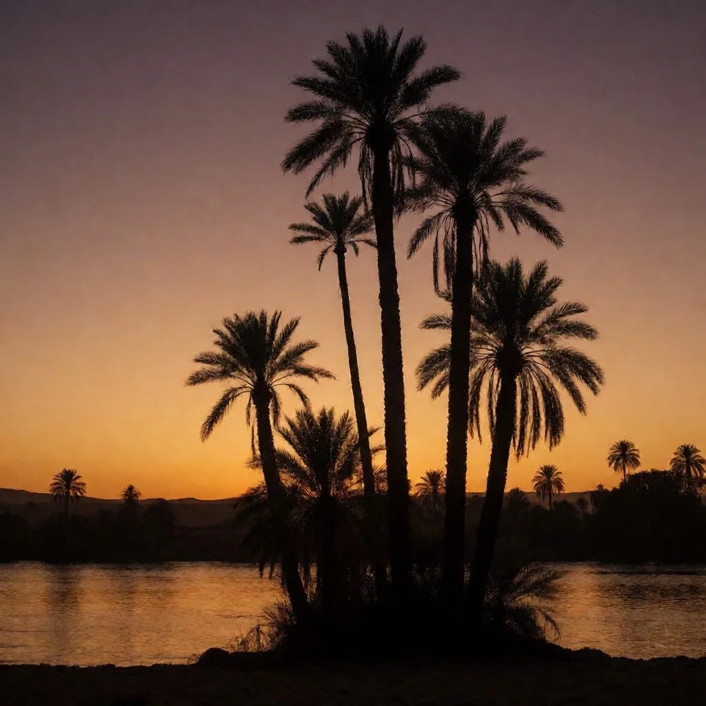Palm trees at sunset over the Nile