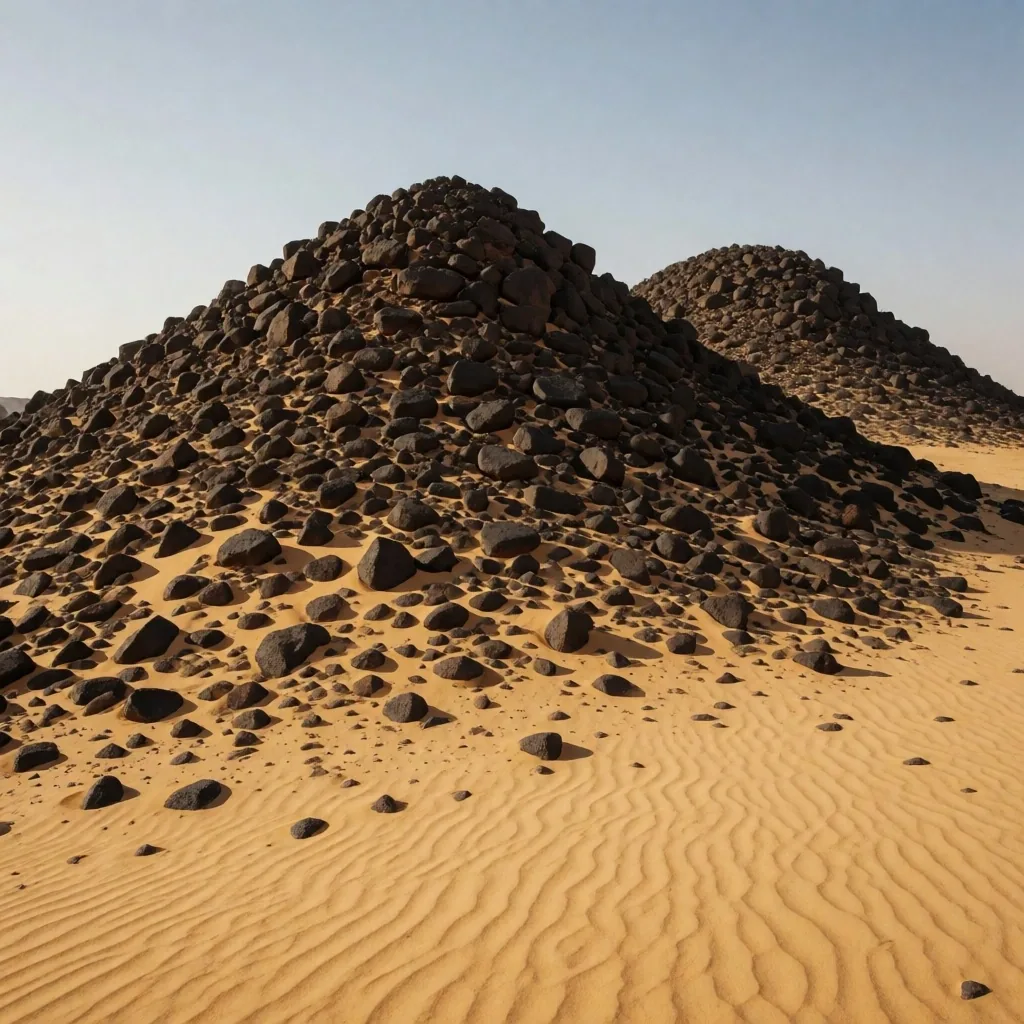 Black volcanic dolerite mounds rising from golden sand in the Black Desert