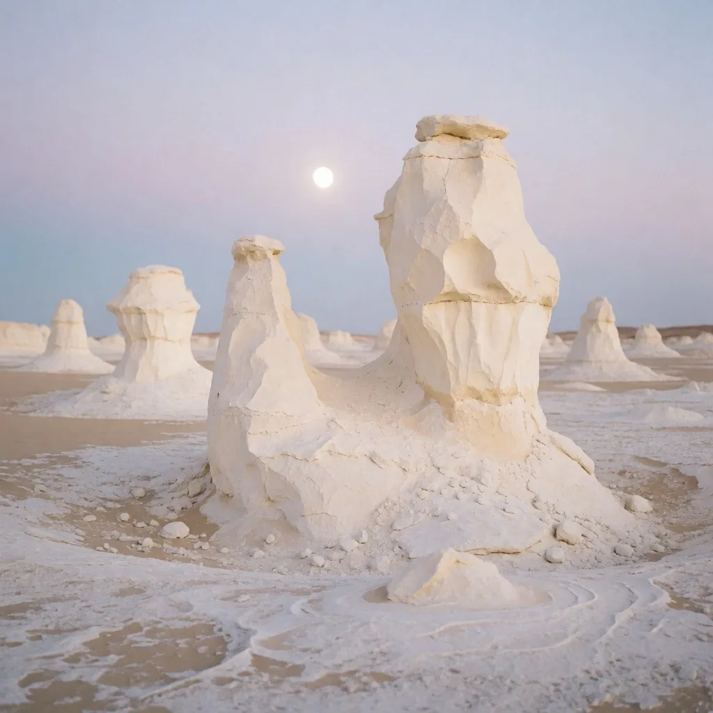 Chalk-white mushroom-shaped rock formations in the White Desert under moonlight