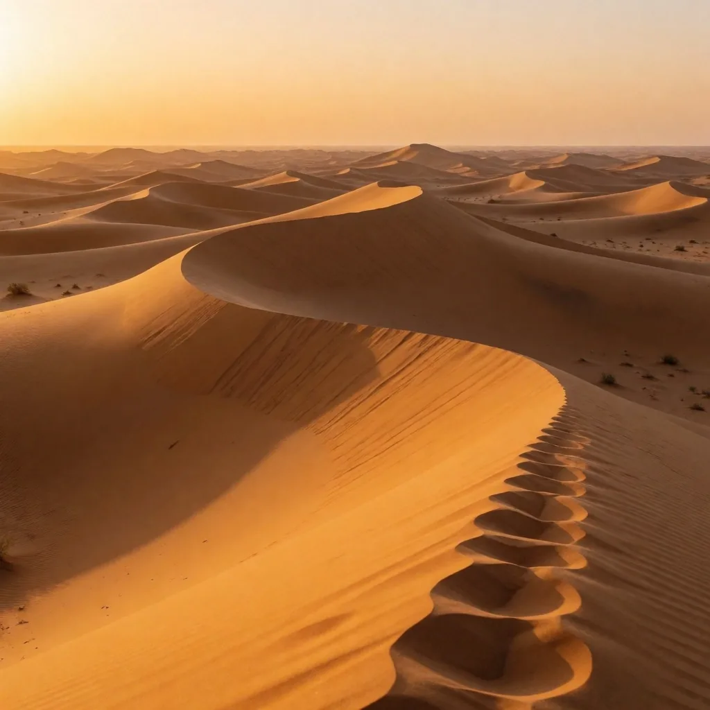 Golden desert dunes stretching to the horizon under late afternoon light