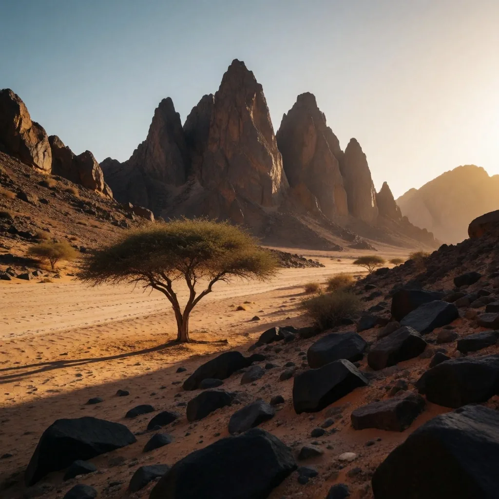 Rugged mountains and acacia tree in a wadi valley of the Eastern Desert