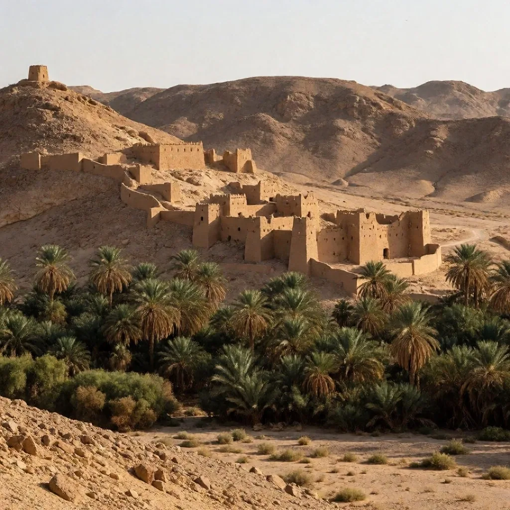 Traditional kershef mud and salt brick architecture at Siwa Oasis surrounded by palm groves
