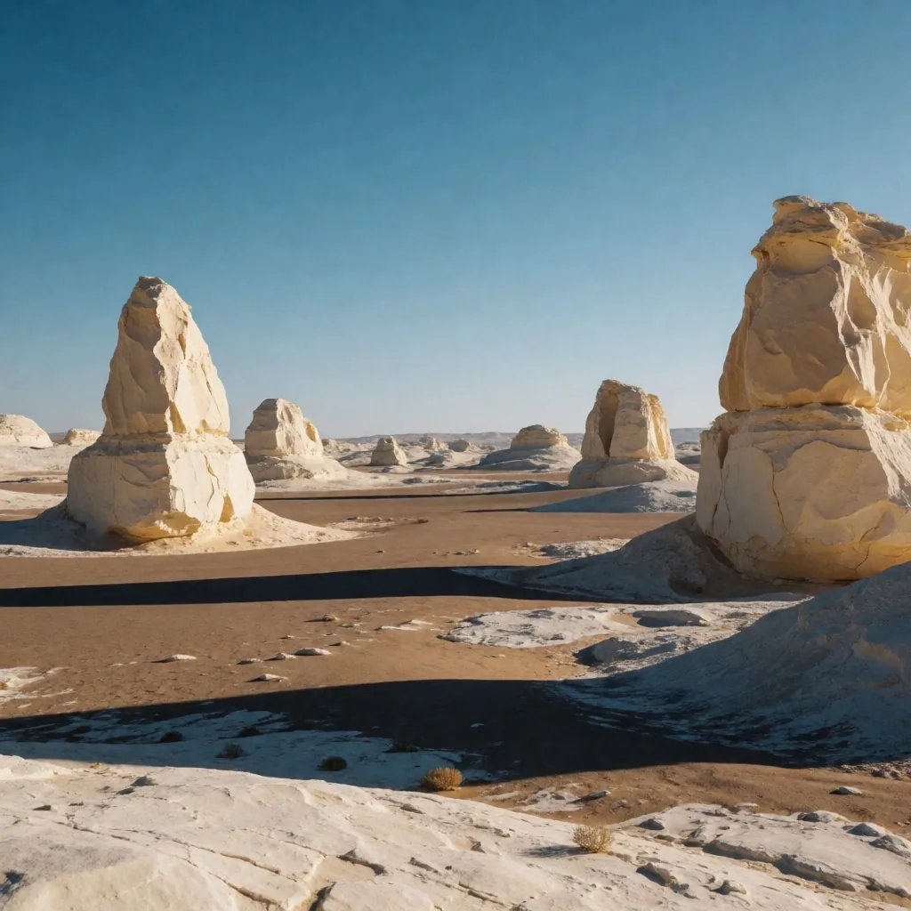 Wind-carved limestone formations rising from golden sand in the Western Desert