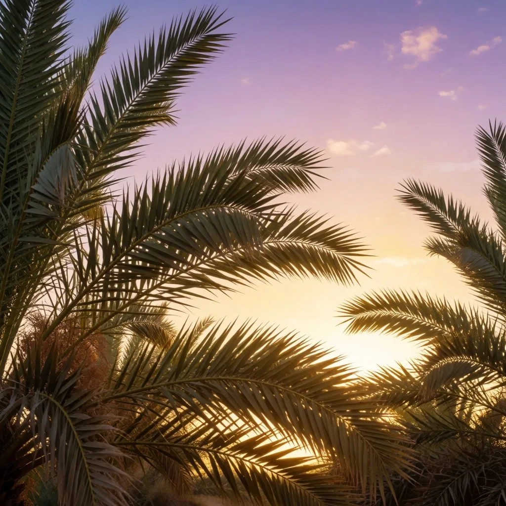 Palm trees against a warm desert sky at dusk