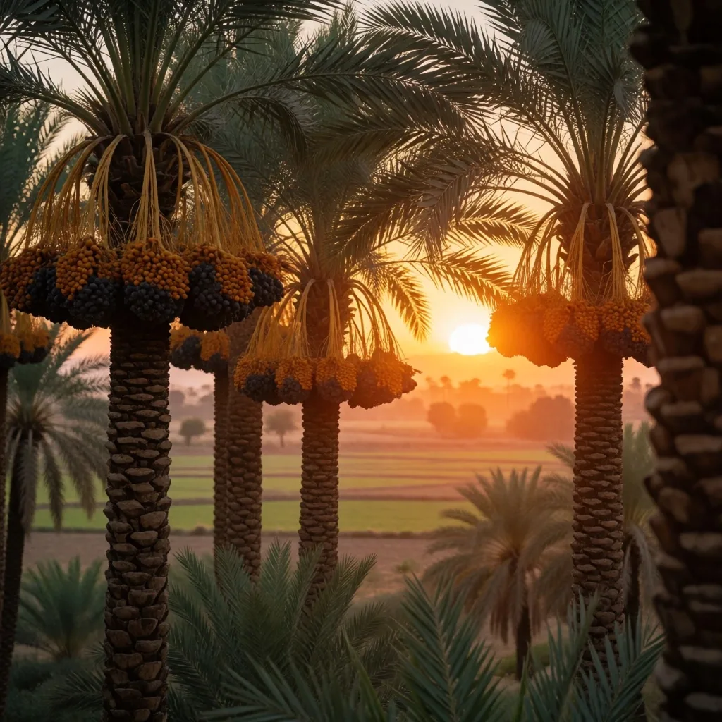 Date palms lining a path in the Nile Delta at golden hour
