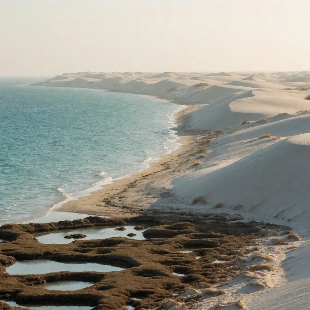 Mediterranean coastline with white sand and salt marshes