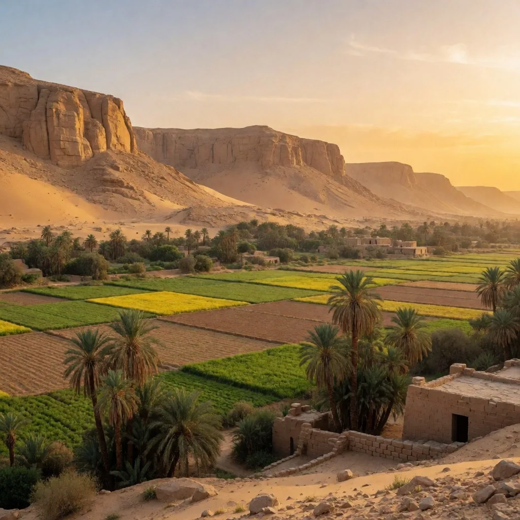 Nile River flowing through a green valley bordered by desert cliffs