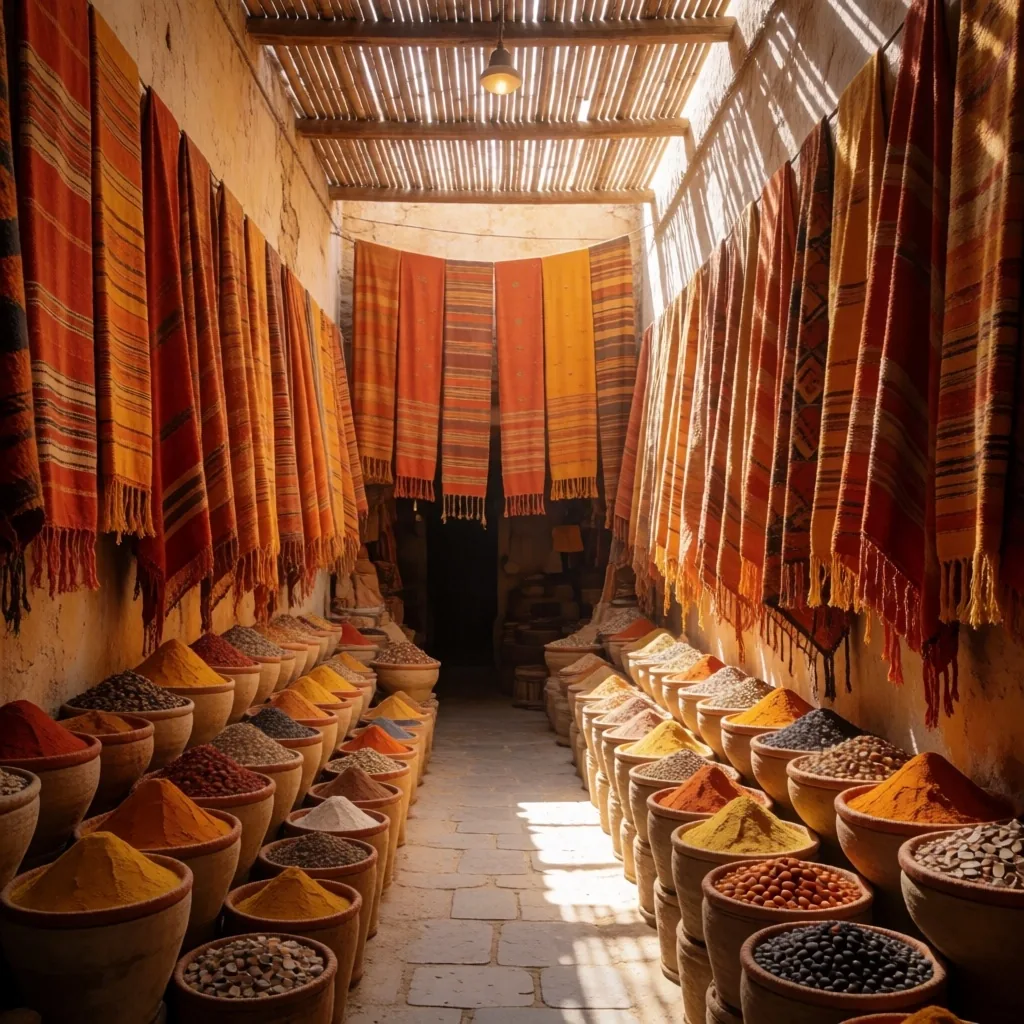 Traditional Egyptian souk market alley with textile and spice stalls