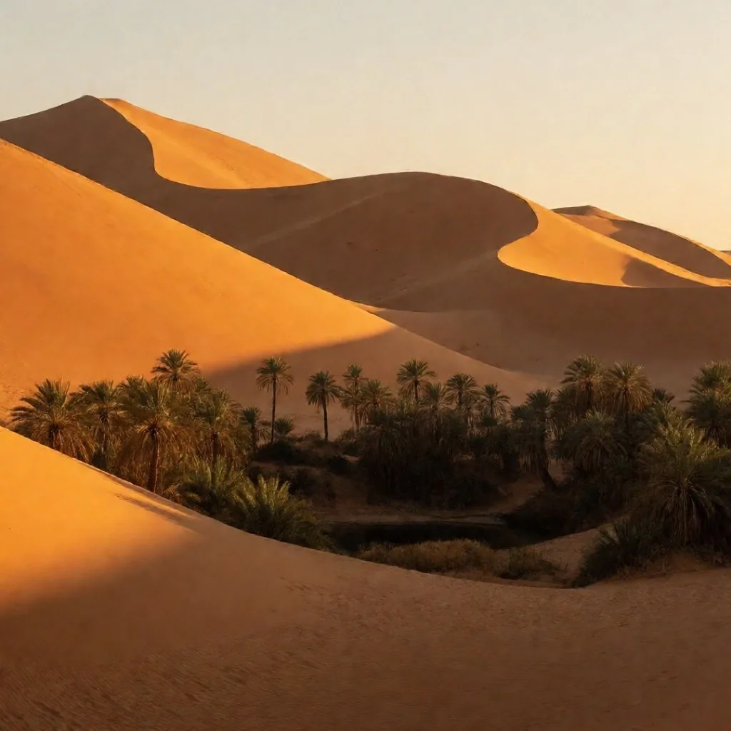 Western Desert landscape with dunes and a distant oasis