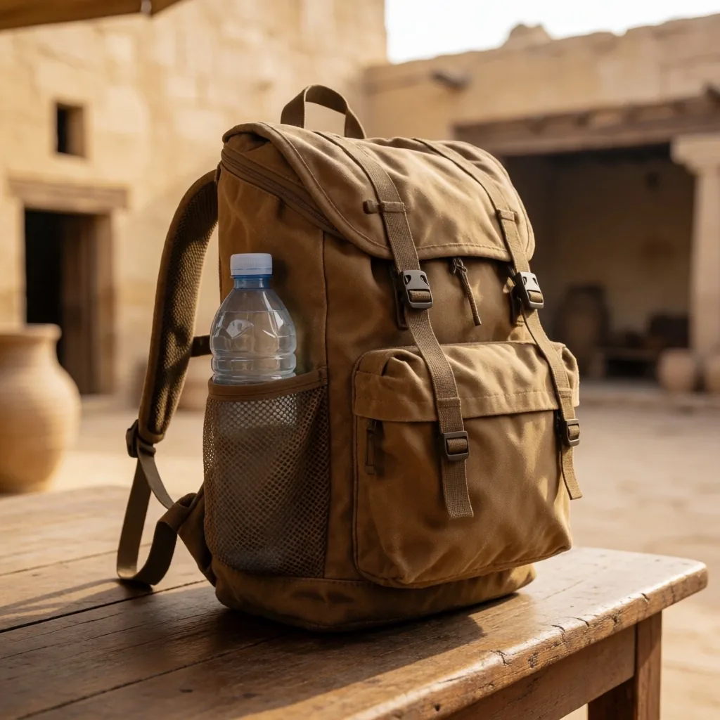 Canvas daypack with mesh water bottle pocket against a sunlit wall
