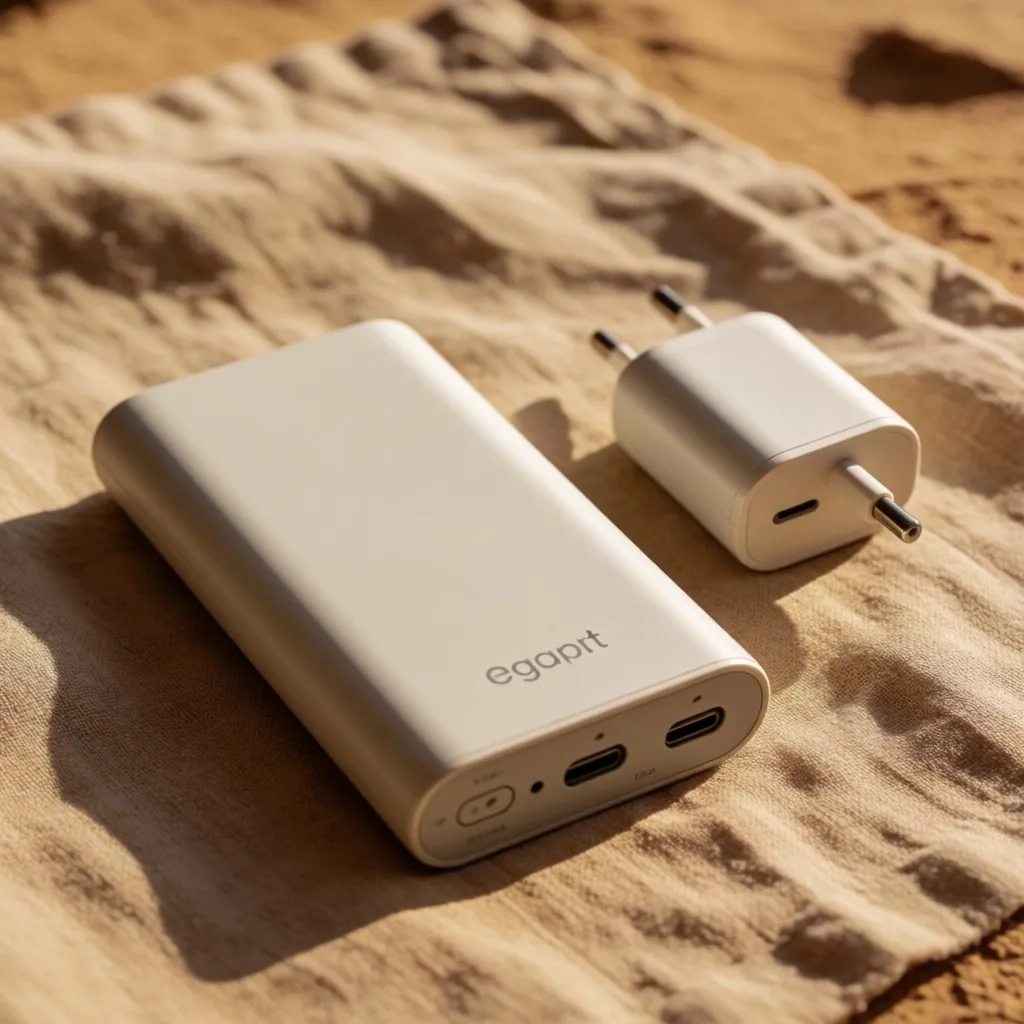 Universal travel adapter and power bank on a pale plaster surface in warm light