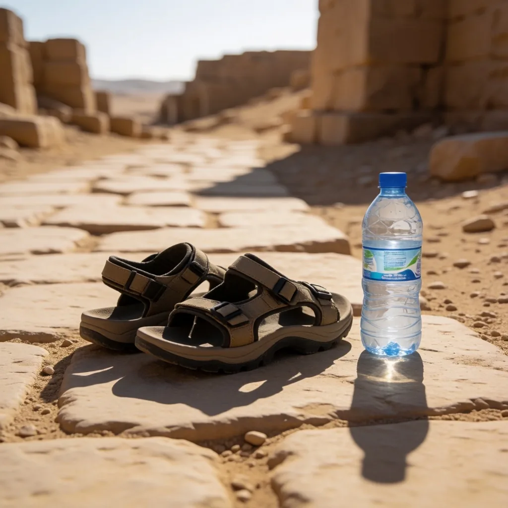 Walking boots and wide-brimmed hat resting on a desert stone ledge in warm afternoon light