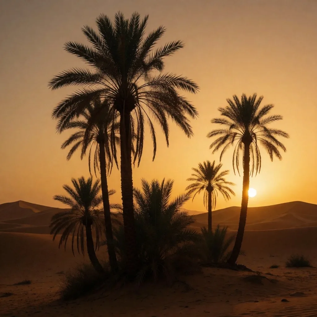 Palm trees at dusk along a desert horizon in Egypt
