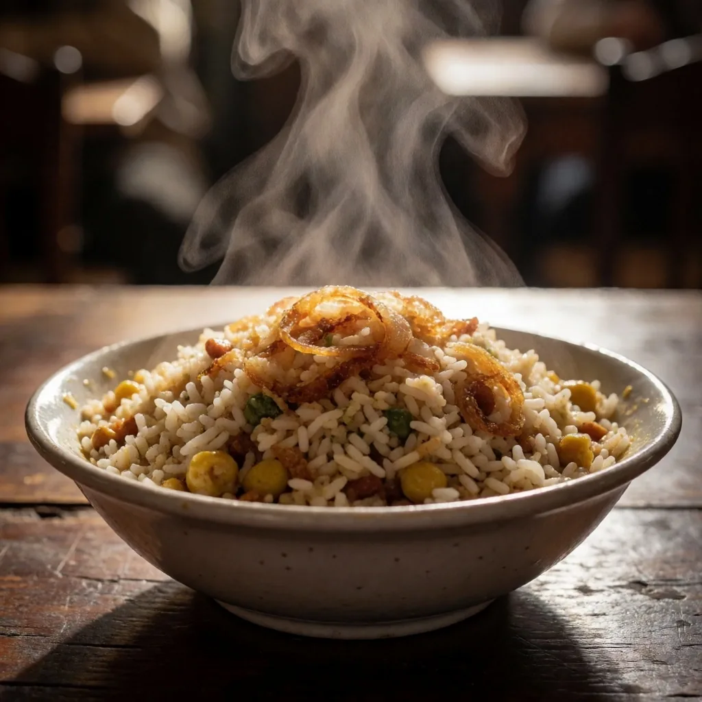 A bowl of kushari with rice, lentils, pasta, and crispy onions