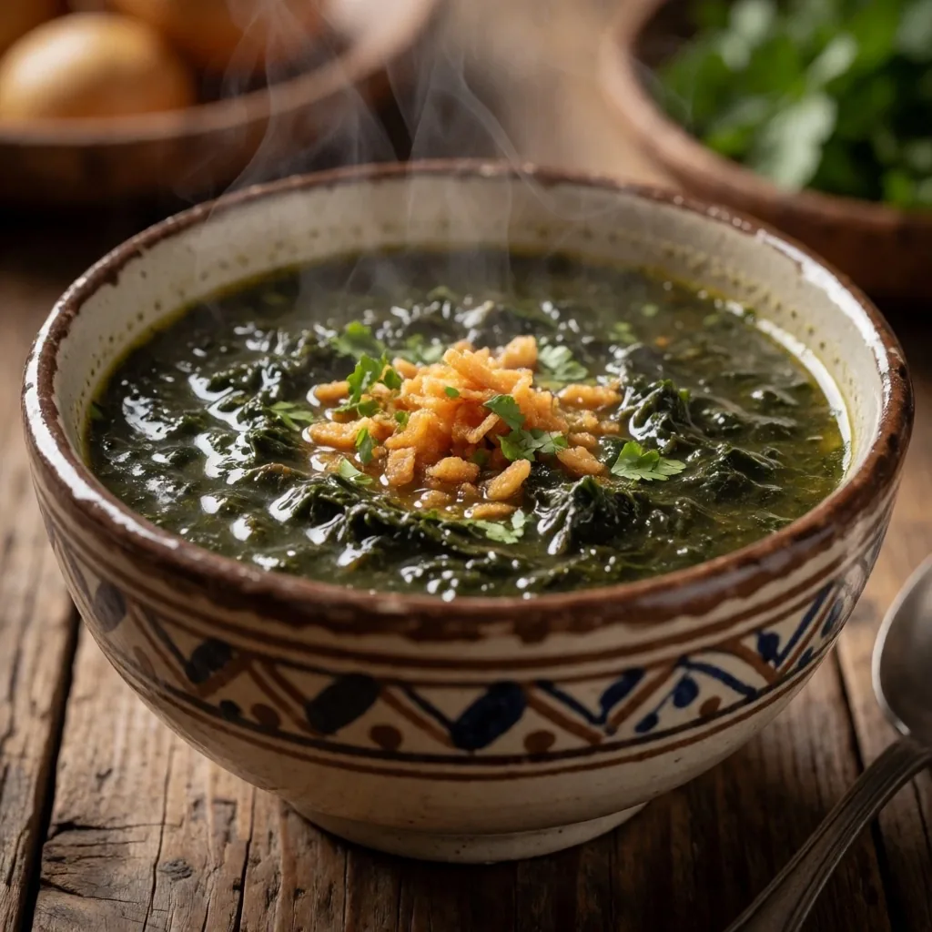 A bowl of molokhia green soup over rice