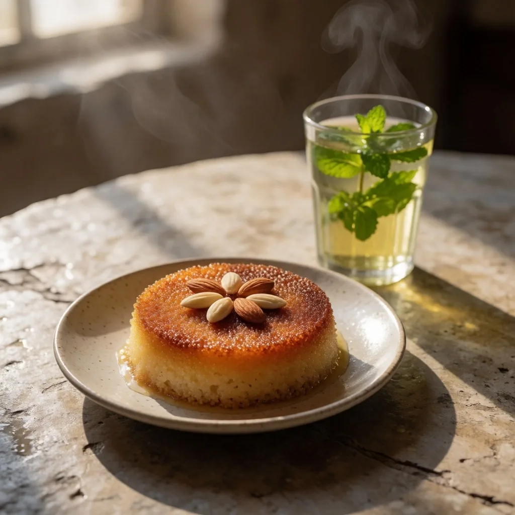 Basbousa semolina cake slice with tea