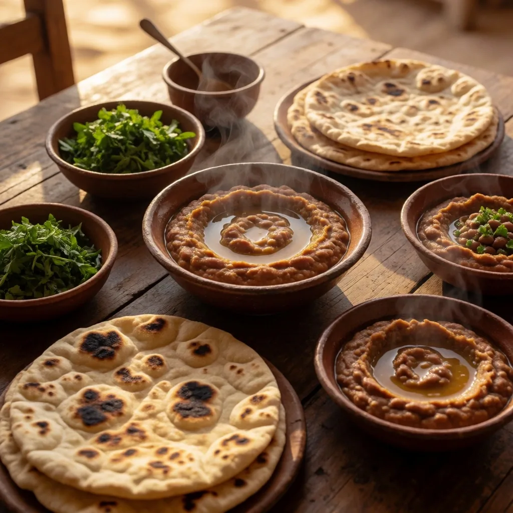 Egyptian dining table spread at golden hour