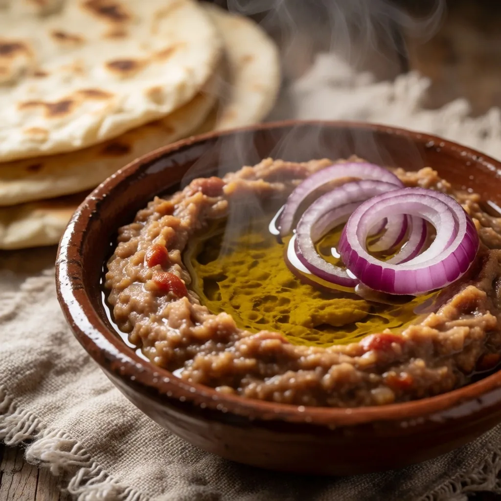 Ful medames with olive oil, lemon, and flatbread