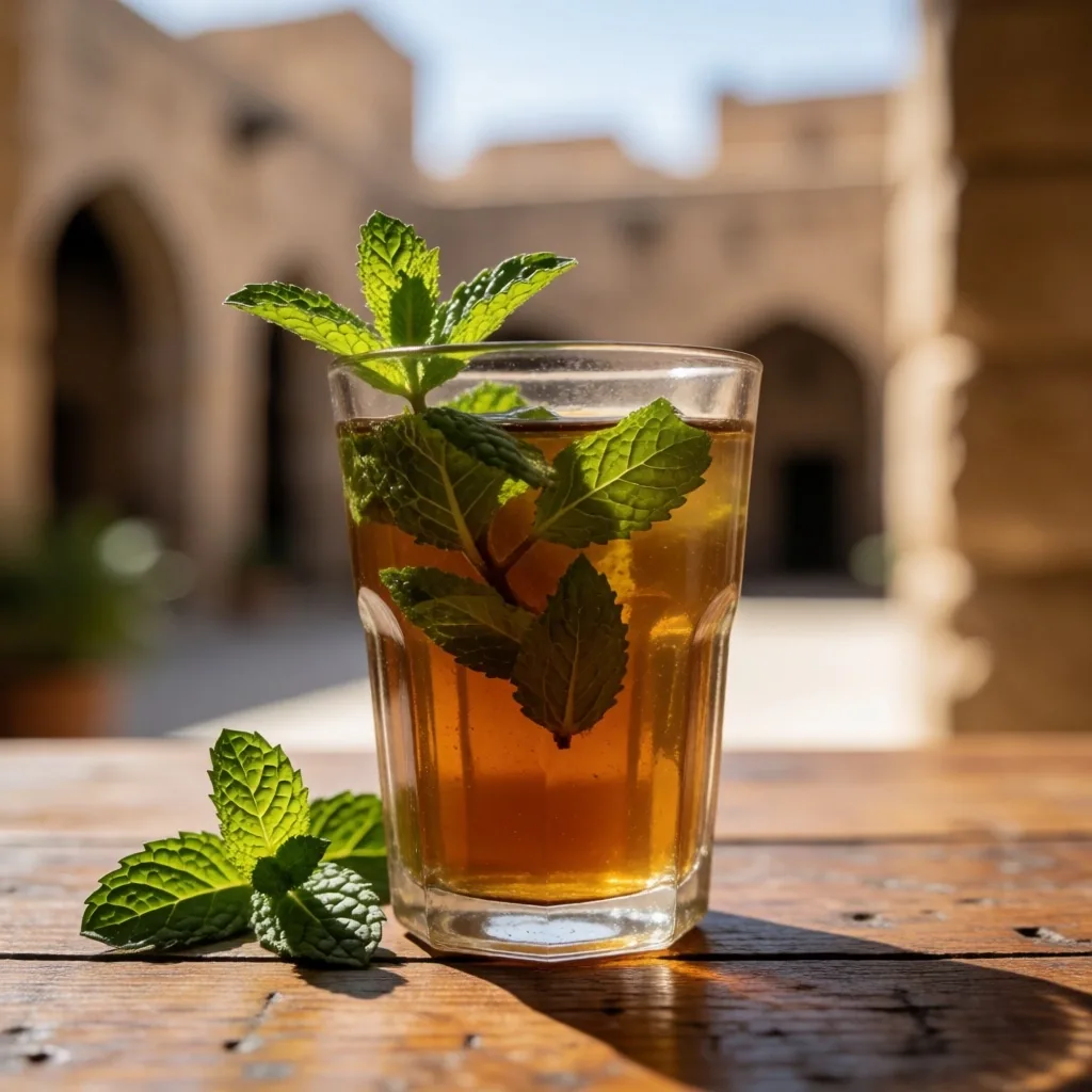 Glasses of Egyptian shay tea with mint on a tray