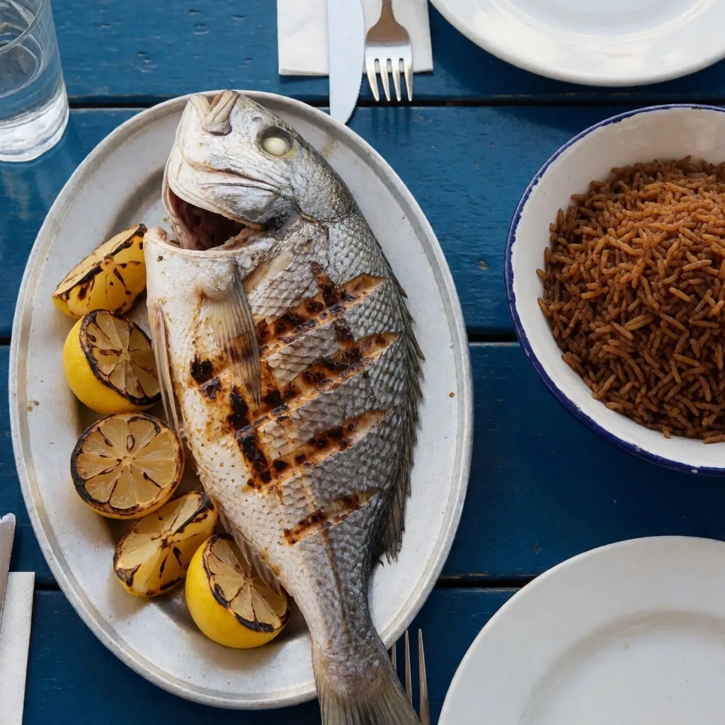 Grilled sea bream with sayadeya rice at a waterfront table