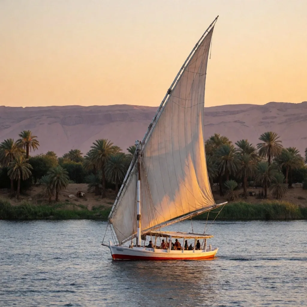 A felucca sailboat on the Nile at sunset near Luxor
