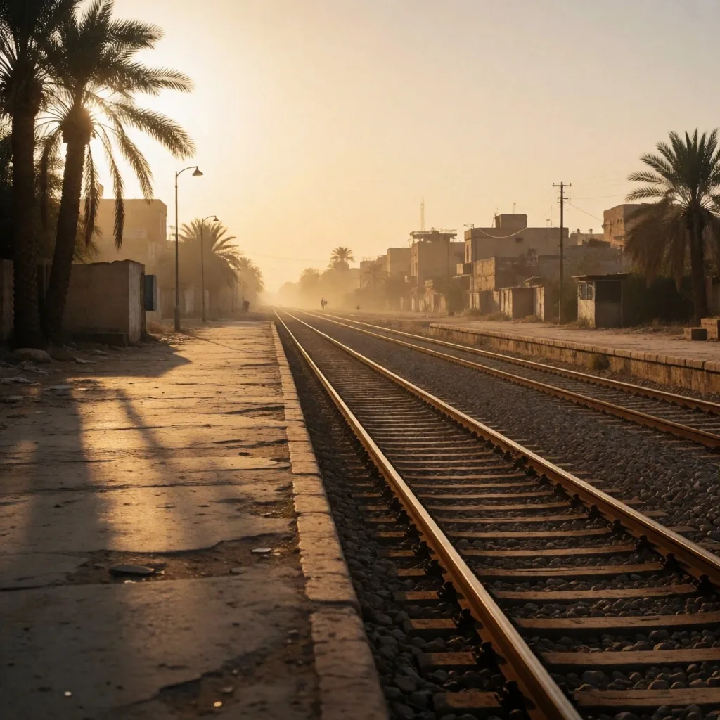 Train tracks stretching toward a Nile-side town at golden hour